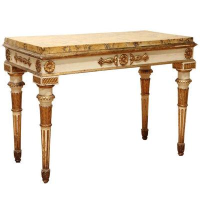Louis XVI Italian White Lacquer and Giltwood Console Scagliola Siena Marble Top