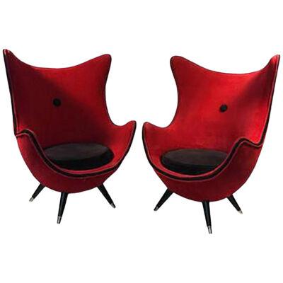 Exceptional Modernist Red/black Lounge Chairs Attributed to Jean Royere - a Pair