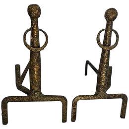 1960s Sculpted Bronze Andirons in the Manner of Giacometti - a Pair
