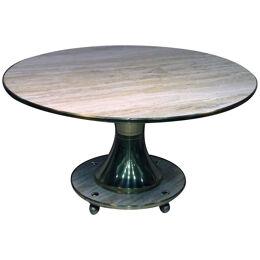 1970s Gio Ponti Style Italian Round Travertine Marble and Brass Dining Table