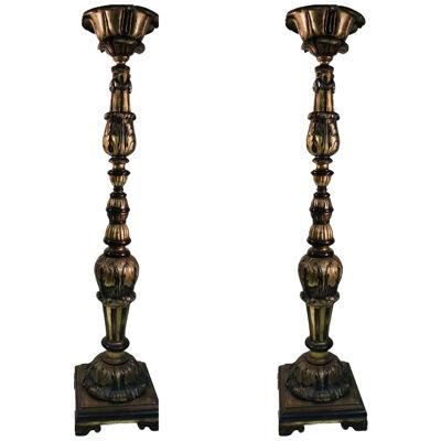 Monumental Ornate Baroque Carved Wood Torchieres - a Pair