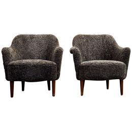 Midcentury Sheepskin/Shearling Carl Malmsten Model 'Samspel" Lounge Chairs