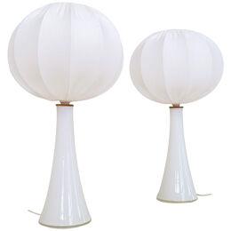 Midcentury Pair of Opaline Glass Table Lamps Cotton Shades Bergboms Sweden, 1960
