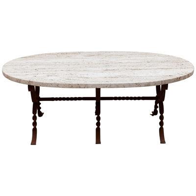 Brutalist Wrought Iron Travertine Oval Top Coffee Table