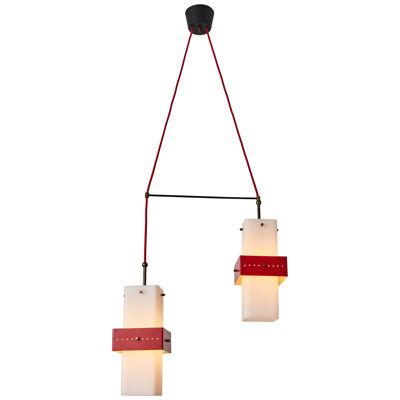 1950s Stilnovo Red Metal & Opaline Glass Suspension Lamp