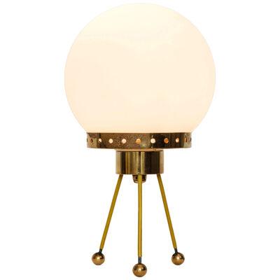 1950s Opaline Glass Sphere Tripod Table Lamp Attributed to Stilnovo