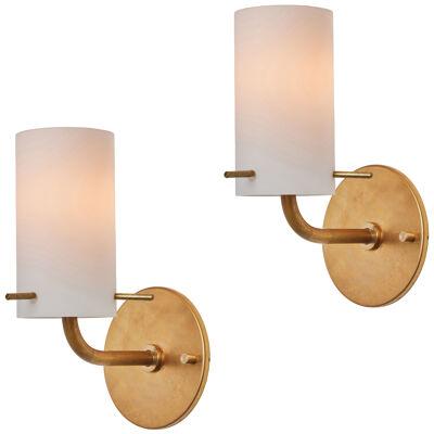 Pair of 1950s Tito Agnoli Brass & Glass Cylindrical Wall Lamps for O-Luce