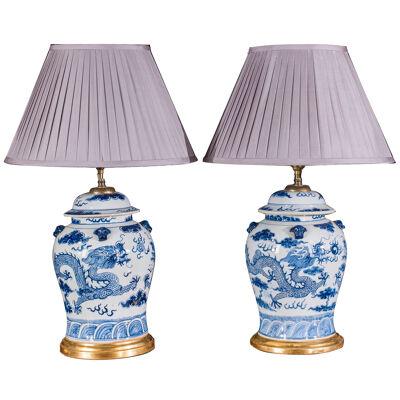 Grand Blue and White Chinese Vase Lamps