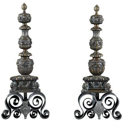 A Pair of Baroque Style Bronze Andirons