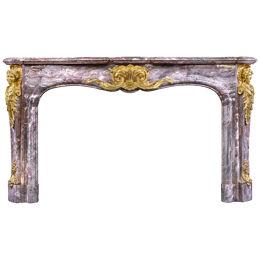 Magnificent Antique French Louis XV Fireplace in Fleur de Peche and Ormolu