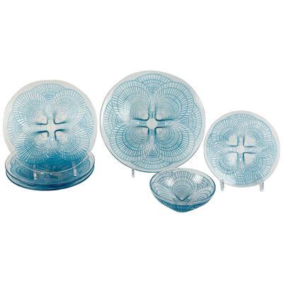 1924 René Lalique - Tablewares Plates Bowl Coquilles Glass Blue Patina 6 Pieces