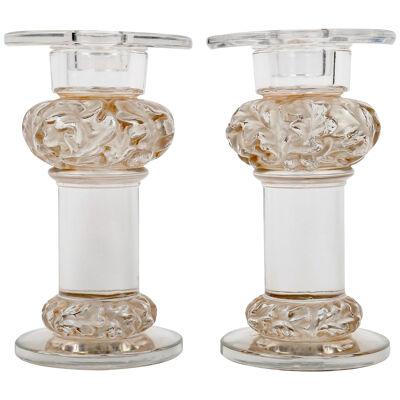1944 René Lalique - Pair Of Candlesticks Chene Oak Glass With Sepia Patina