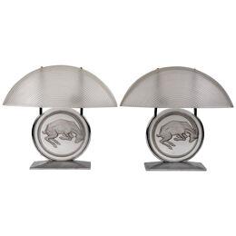 1931 René Lalique - Pair Of Lamps Belier Glass Grey Patina - Nickel Plated Mount
