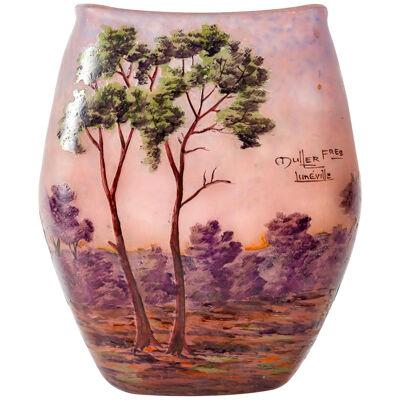 Muller Freres Luneville - Vase Landscape Acid Etched And Enameled Glass 