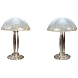 1924 René Lalique Pair Of Lamps Coquilles Opalescent Glass Nickel Plated Bronze