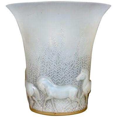 1930 René Lalique - Vase Chevaux Cased Opalescent Glass With Grey Patina Horses