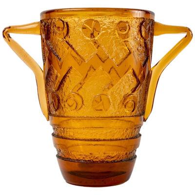 1930 Daum Nancy - Vase Art Deco Handled Vase Amber Orange Glass