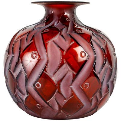 1928 René Lalique - Vase Penthievre Red Amber Glass With White Patina