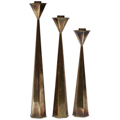 Set of Three Mexican Modernist Hexagonal-Form Brass Candlesticks