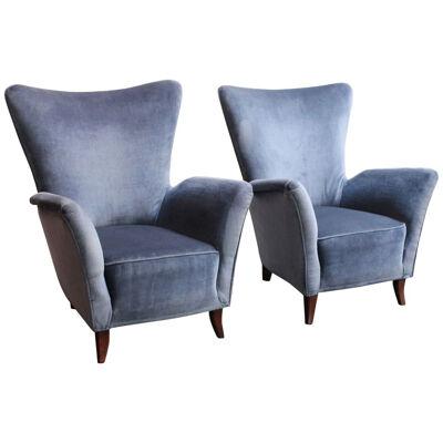 Pair of Mid-Century Italian Modern Blue Velvet Sculptural Wingback Lounge Chairs