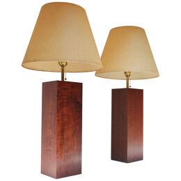 Pair of Mid Century Modern Walnut Column Block-Form Table Lamps