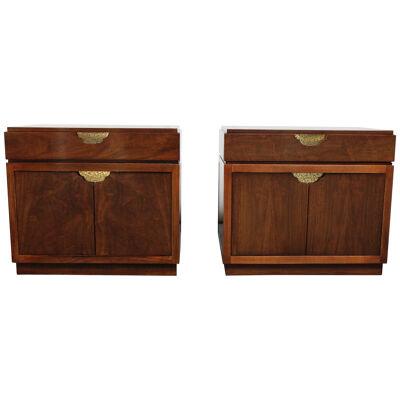 Pair of Vintage Walnut and Brass Nightstands by Baker