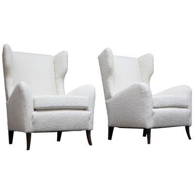 Pair of Italian Modern Tall Wingback Arm Chairs in Bouclé and Walnut