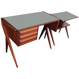 Silvio Cavatorta Diminutive Desk with Companion Table in Walnut and Green Glass