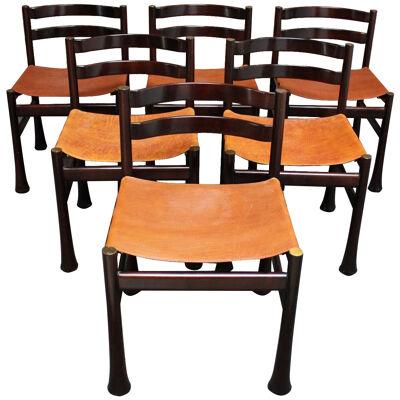 Set of Six Italian Modern Rosewood and Leather Dining Chairs by Luciano Frigerio