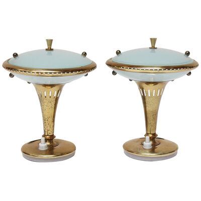 Pair of Petite Vintage Italian Blue Glass and Brass Bedside Lamps