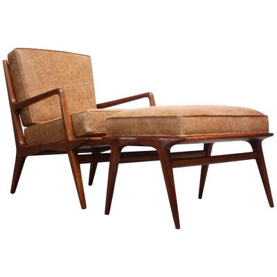 Italian Modern Carlo de Carli Lounge Chair and Ottoman in Walnut and Leather