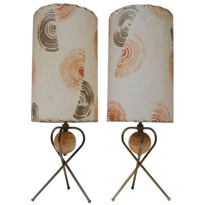Pair of Modernera Cork and Brass Tripod Table Lamps with Fiberglass Shades