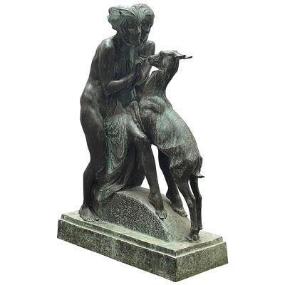 Art Deco Bronze statue of a Nymph and nude girl feeding a Doe, signed Blundstone