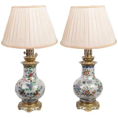 Pair of Oriental Style Enamel Lamps, 19th Century