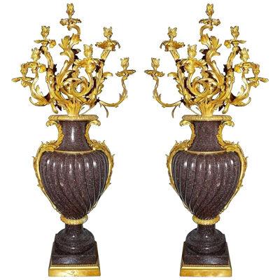 Large Important Pair of 19th Century Porphyry and Ormolu Candelabra