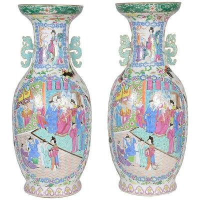 Large Pair of 19th Century Chinese Rose Medallion / Canton Vases