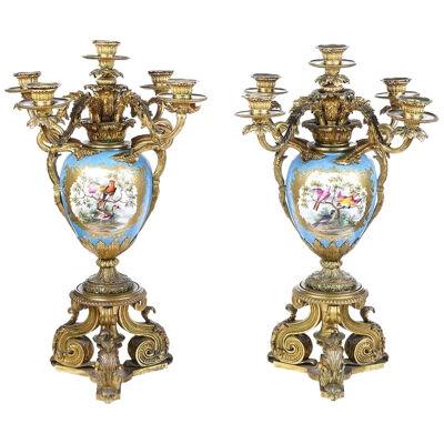 Large Pair of 19th Century French Sevres Style and Ormolu Candelabra