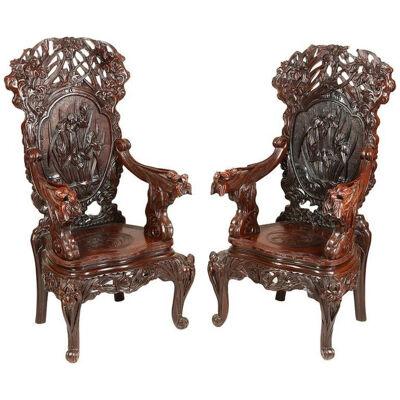 Large Pair of 19th Century Oriental Armchairs