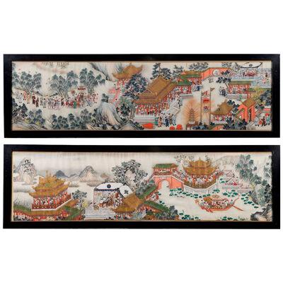 Pair 19th Century Chinese Hand Painted Scrolls of Processions