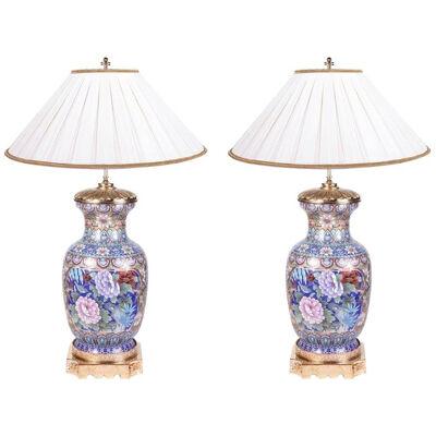 Pair of Early 20th Century Chinese Cloisonne Enamel Vases/Lamps