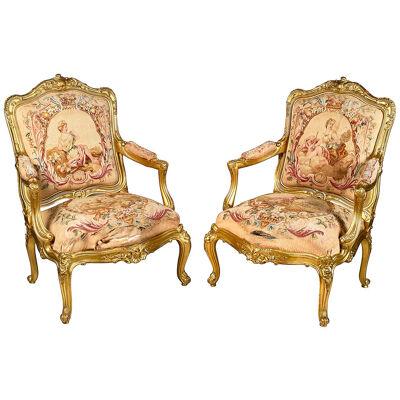 Pair 19th Century French gilt wood Salon chairs.