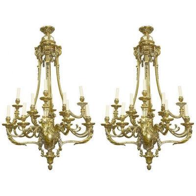 Large Pair of Classical Ormolu 19th Century Chandeliers