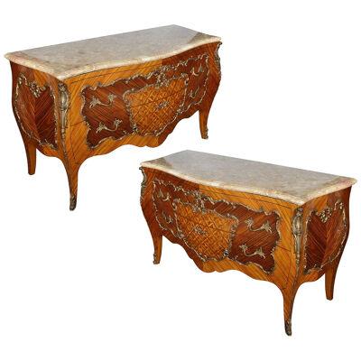 Pair Louis XVI style marble topped commodes.