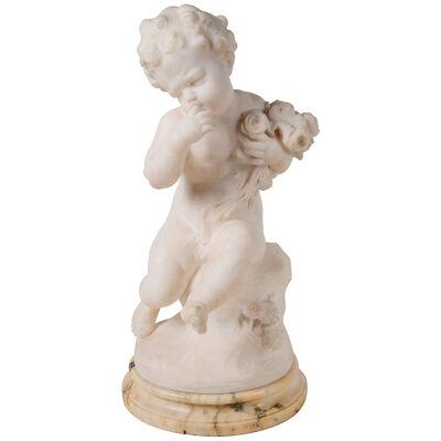 Italian 19th Century Marble Statue Seated Child Holding Flowers