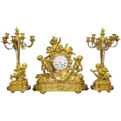Large Louis XVI Style Ormolu Clock Set by Deniere