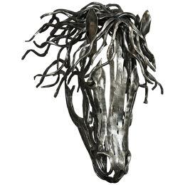 Contemporary hand forged iron horse's head in textured bar steel.