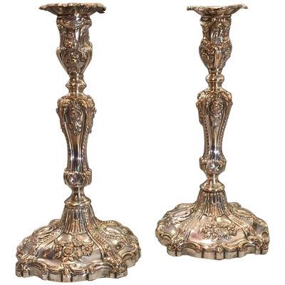Regency period pair of Rococo Revival Sheffield Plate Candlesticks