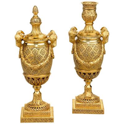 Pair of gilt-metal goat headed vases