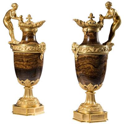 19th Century Pair of Agate and Ormolu Ewers