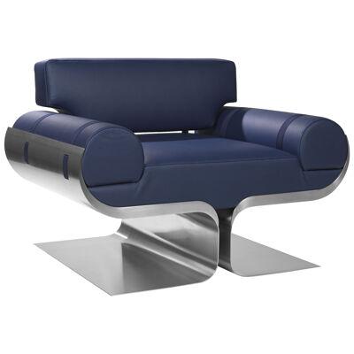 Contemporary Brushed Steel and blue leather Arès Armchair by Roches & Frères